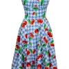 Hell Bunny Picnic Gingham Cherry 50's Swing Dress Blue