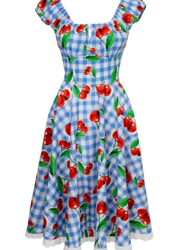Hell Bunny Picnic Gingham Cherry 50's Swing Dress Blue