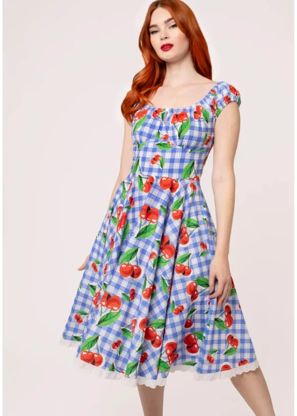Hell Bunny Picnic Gingham Cherry 50's Swing Dress Blue