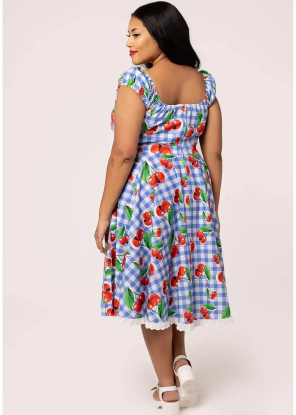 Hell Bunny Picnic Gingham Cherry 50's Swing Dress Blue