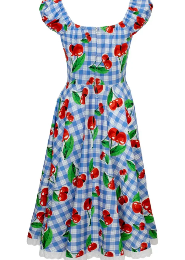 Hell Bunny Picnic Gingham Cherry 50's Swing Dress Blue
