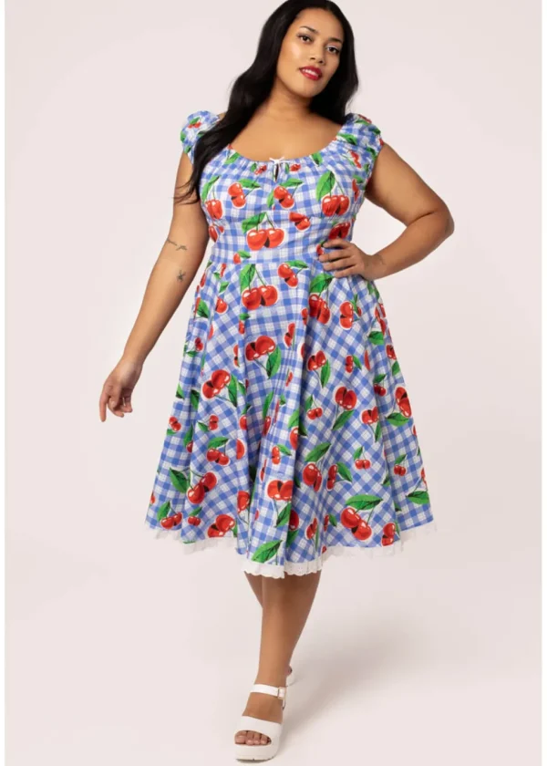 Hell Bunny Picnic Gingham Cherry 50's Swing Dress Blue
