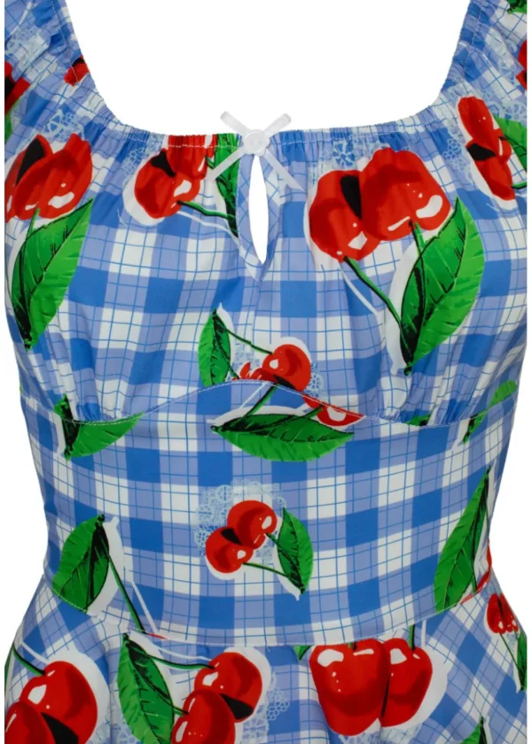 Hell Bunny Picnic Gingham Cherry 50's Swing Dress Blue