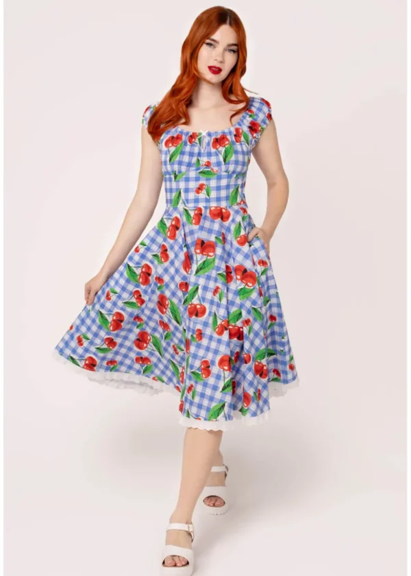 Hell Bunny Picnic Gingham Cherry 50's Swing Dress Blue