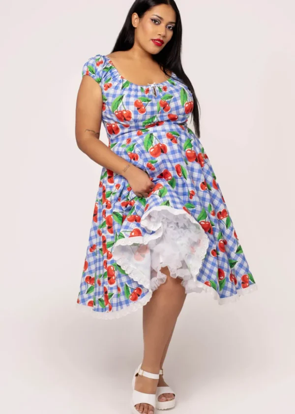 Hell Bunny Picnic Gingham Cherry 50's Swing Dress Blue
