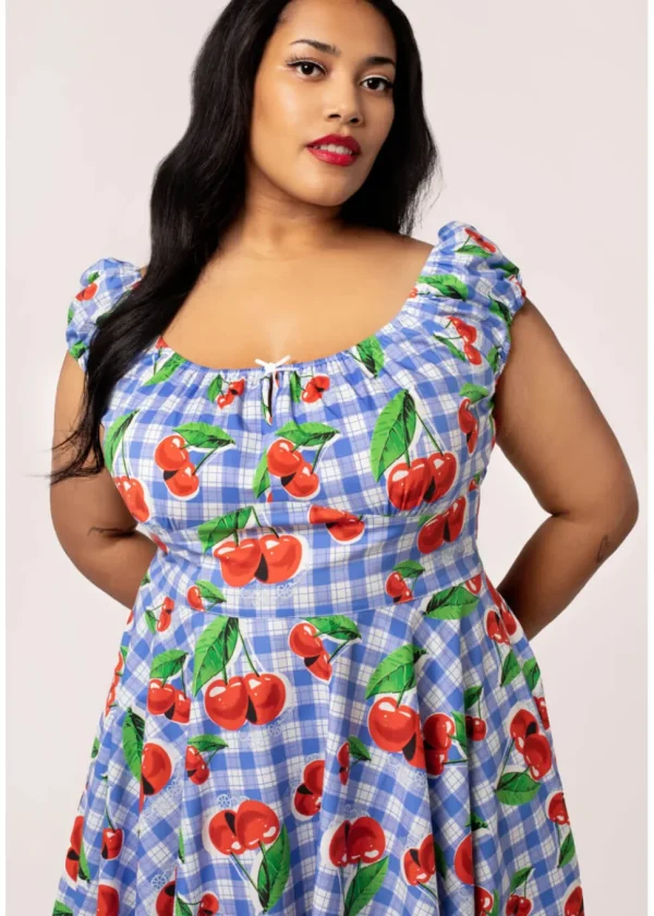 Hell Bunny Picnic Gingham Cherry 50's Swing Dress Blue