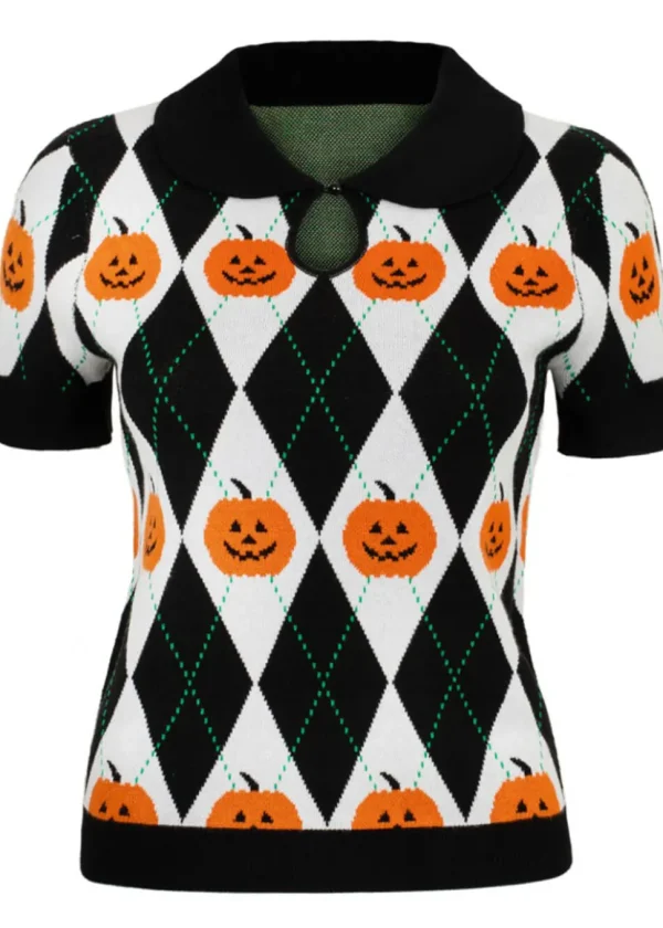 Hell Bunny Pumpkin Head Top Pullover Black White