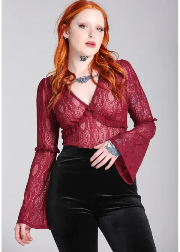 Hell Bunny Rhea Lace 70's Top in Burgundy