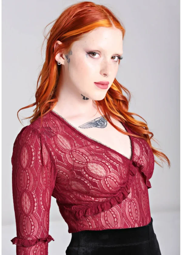 Hell Bunny Rhea Lace 70's Top in Burgundy