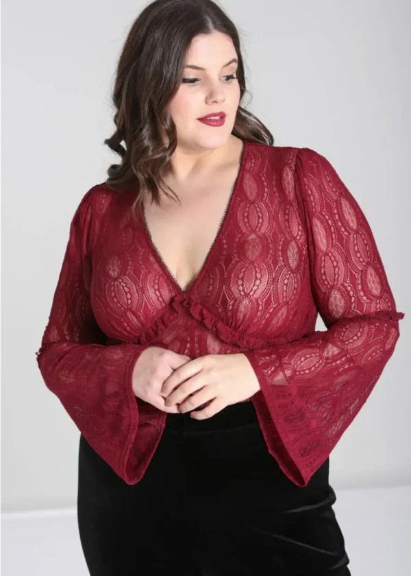 Hell Bunny Rhea Lace 70's Top in Burgundy