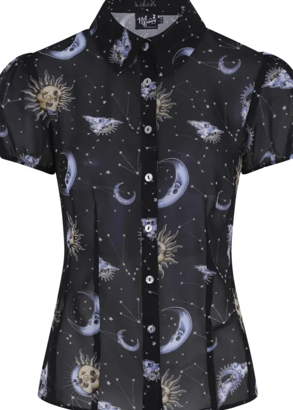 Hell Bunny Solaris Sun & Moon 70's Blouse Black