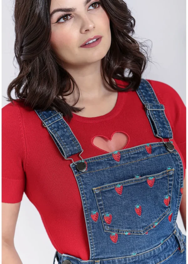 Hell Bunny Strawberry Denim 50's Pinafore Dress Blue