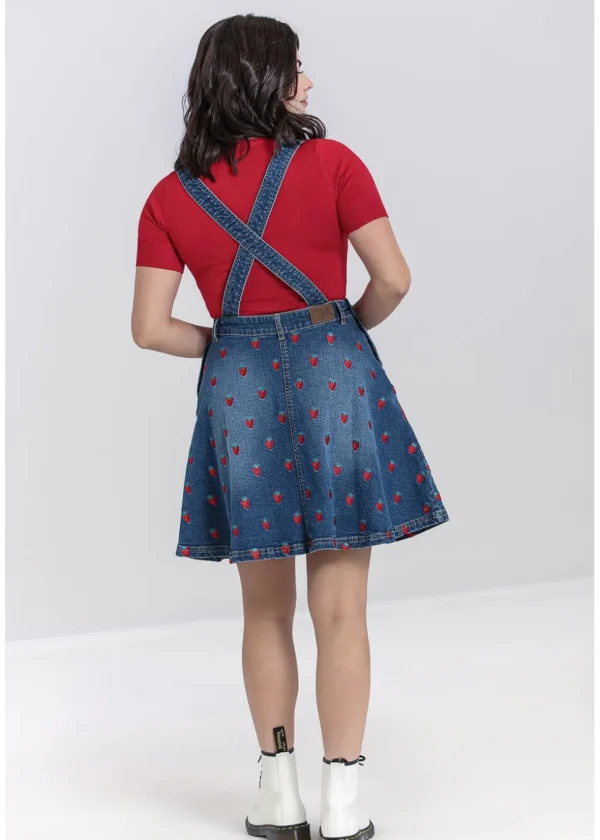 Hell Bunny Strawberry Denim 50's Pinafore Dress Blue