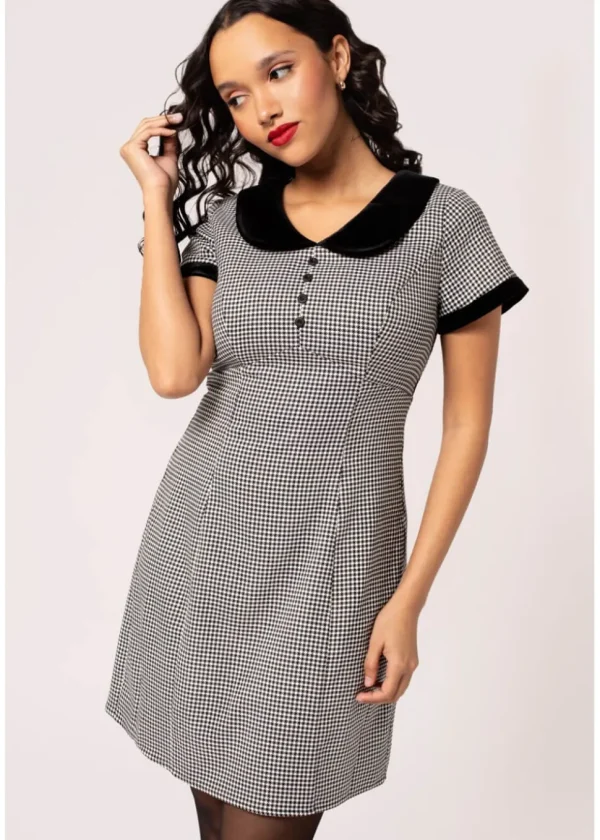 Hell Bunny Teddy Houndstooth 60's Short Dress Grey