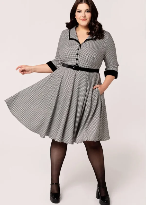 Hell Bunny Teddy Houndstooth 50's Swing Dress Grau