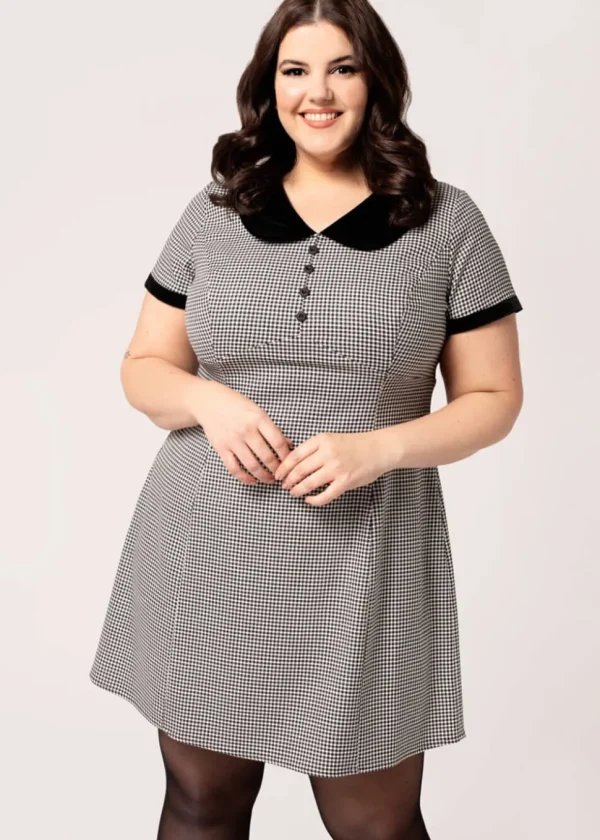 Hell Bunny Teddy Houndstooth 60's Short Dress Grey