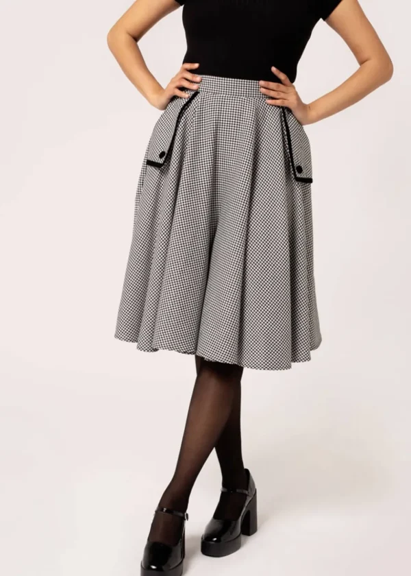 Hell Bunny Teddy Houndstooth 40's Swing Skirt Gray