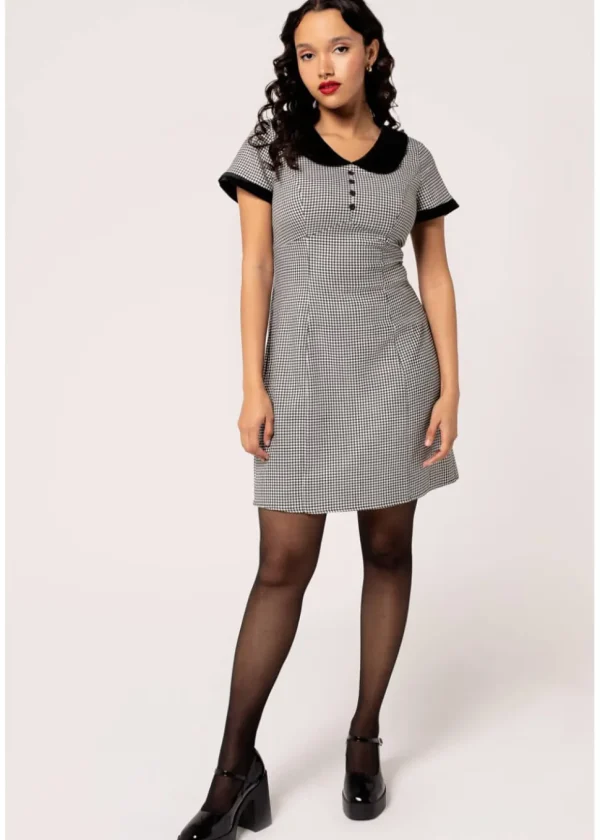 Hell Bunny Teddy Houndstooth 60's Short Dress Grey