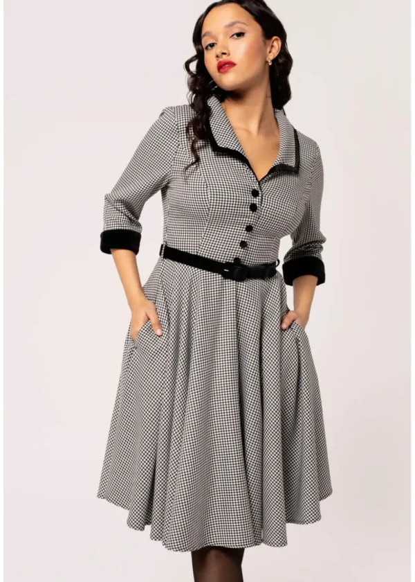 Hell Bunny Teddy Houndstooth 50's Swing Dress Grau