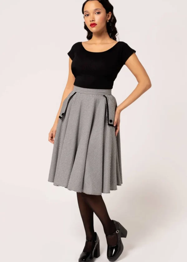 Hell Bunny Teddy Houndstooth 40's Swing Skirt Gray