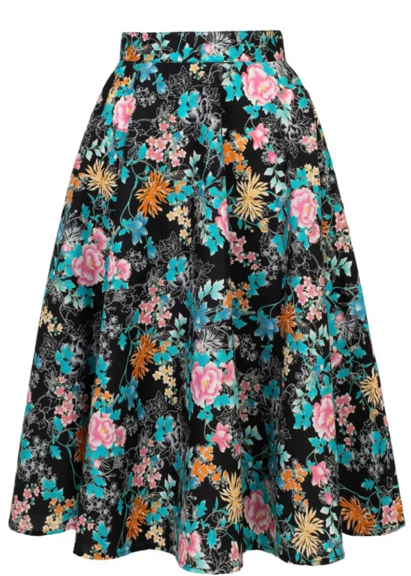 Hell Bunny Umi Floral 50's Swing Skirt Black