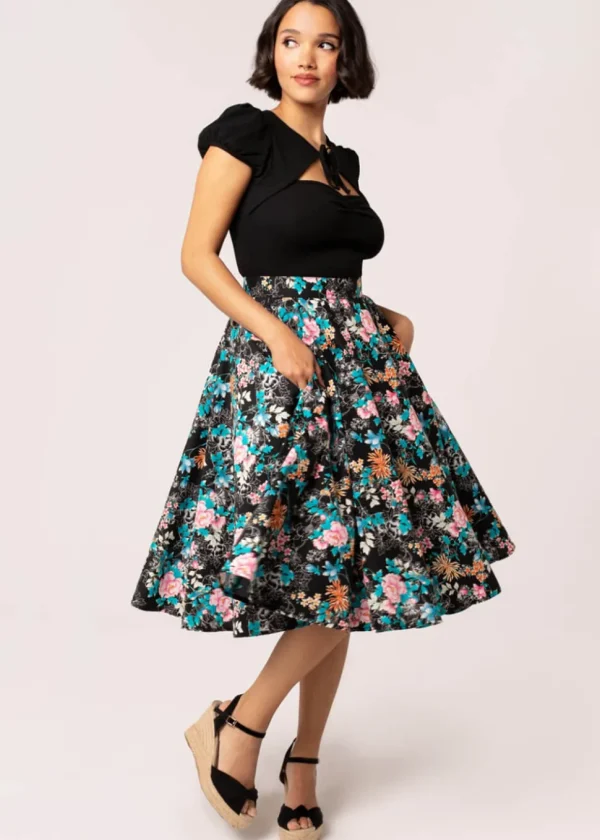 Hell Bunny Umi Floral 50's Swing Skirt Black