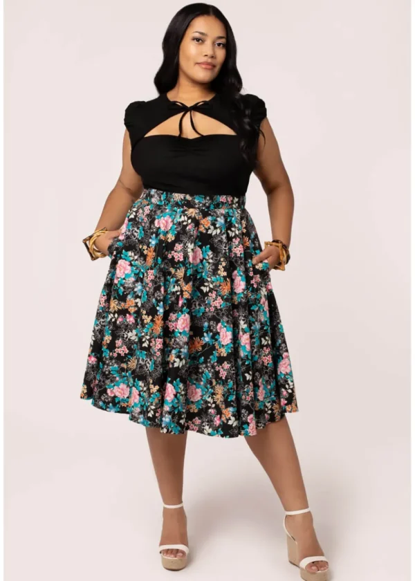 Hell Bunny Umi Floral 50's Swing Skirt Black