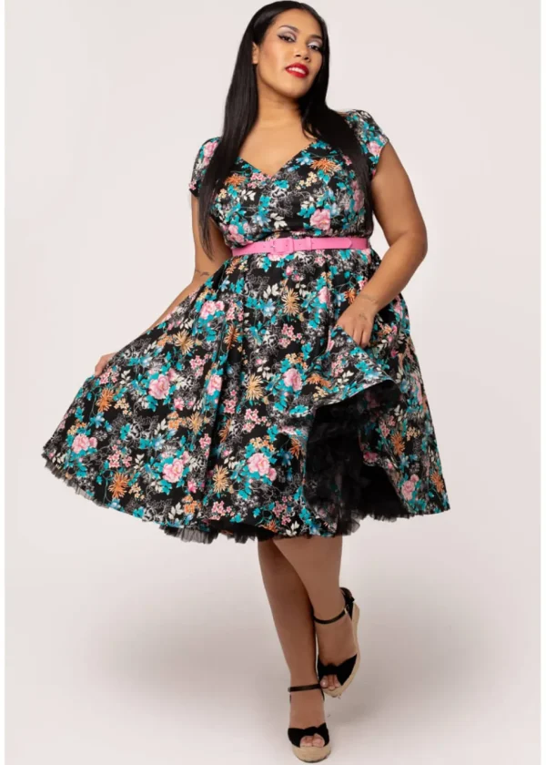 Hell Bunny Umi Floral 50's Swing Dress Black