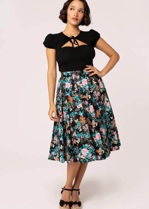 Hell Bunny Umi Floral 50's Swing Skirt Black