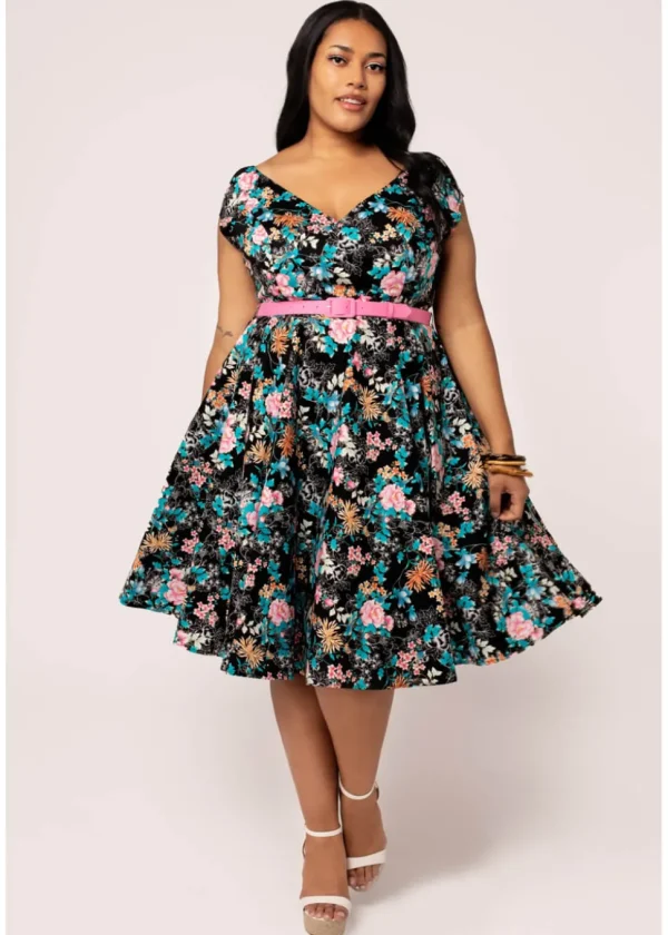 Hell Bunny Umi Floral 50's Swing Dress Black