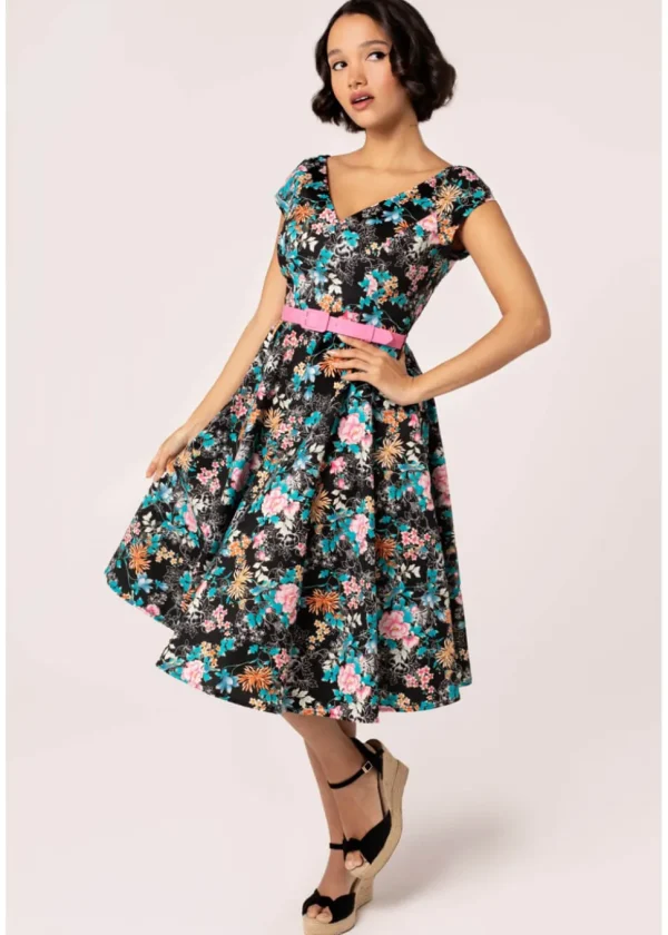 Hell Bunny Umi Floral 50's Swing Dress Black