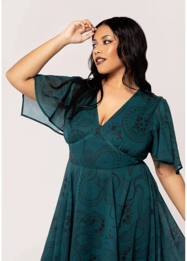 Hell Bunny Venom Snake 70's Midi Dress Green