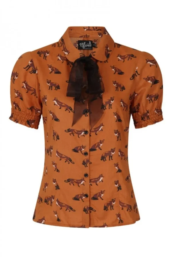 Hell Bunny Vixey Fox 40's Blouse Brown