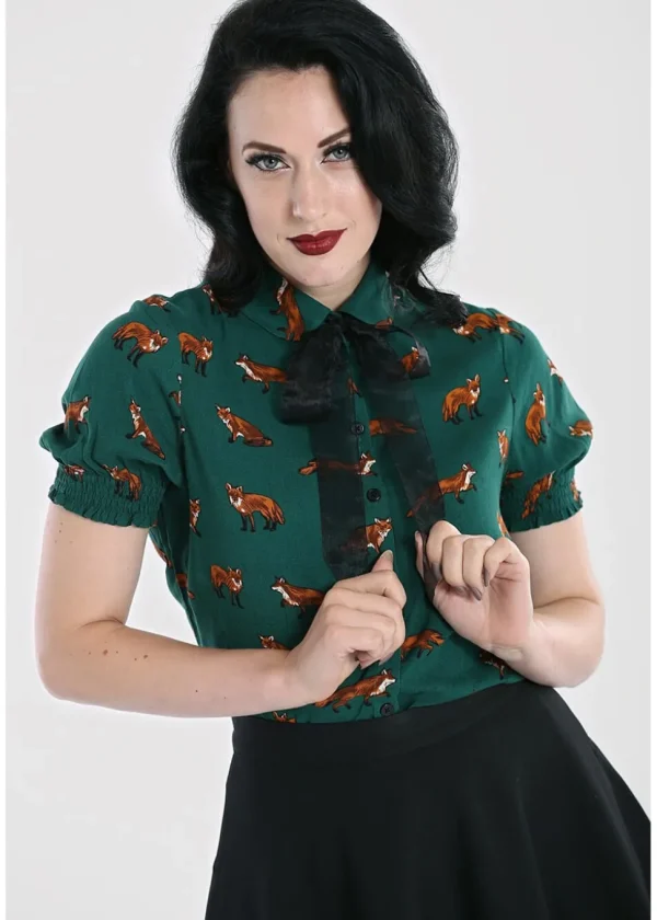 Hell Bunny Vixey Fox 40's Blouse Dark Green