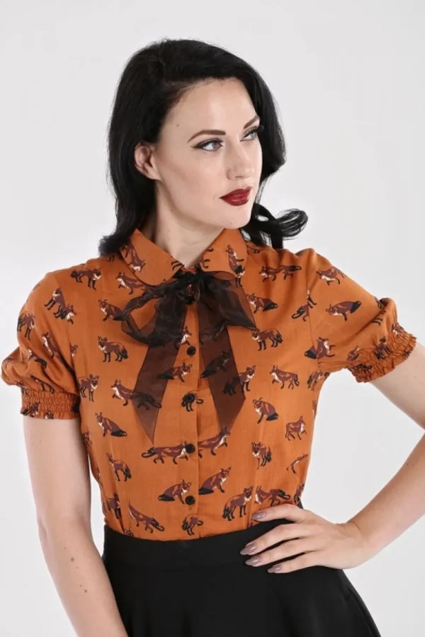 Hell Bunny Vixey Fox 40's Blouse Brown