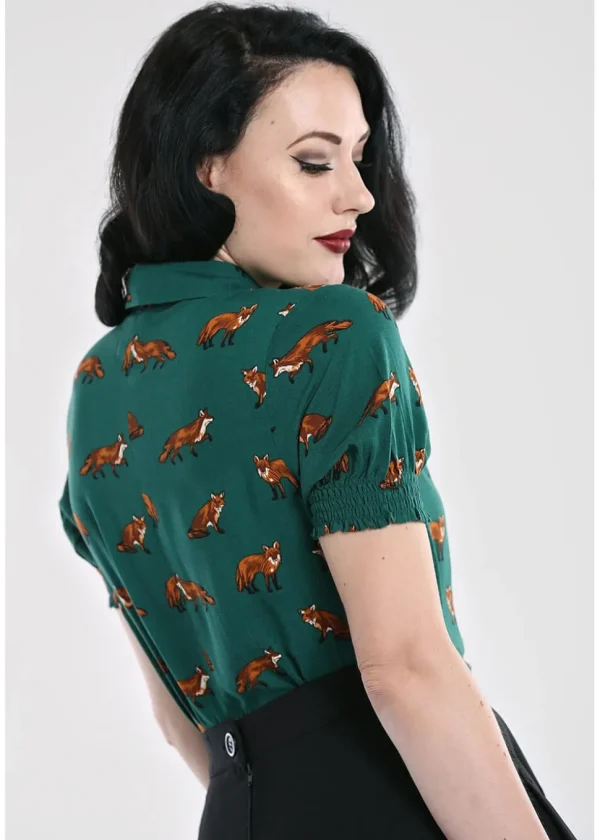 Hell Bunny Vixey Fox 40's Blouse Dark Green