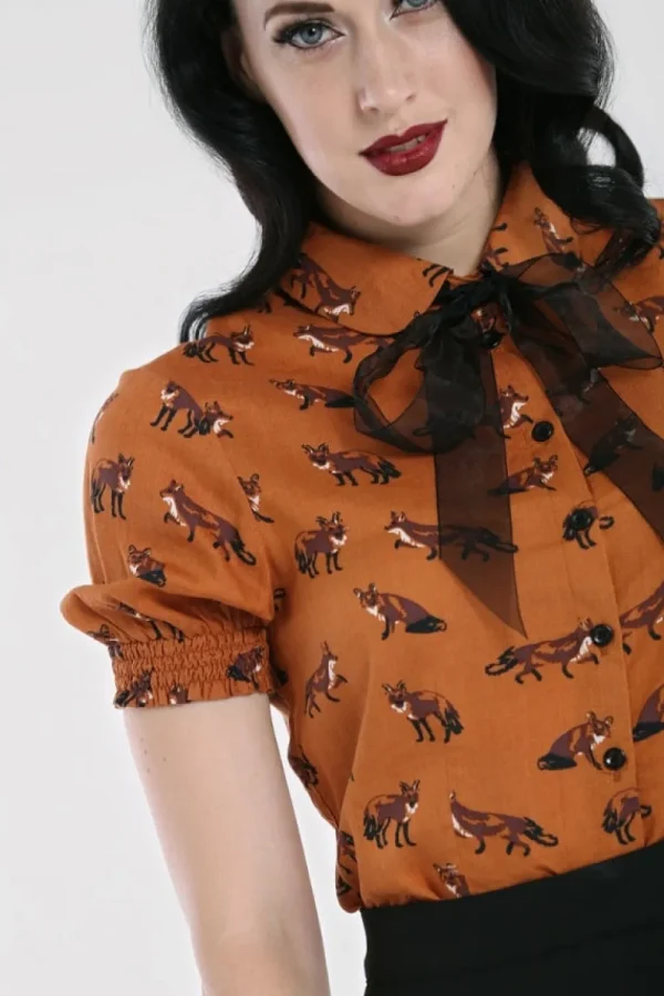 Hell Bunny Vixey Fox 40's Blouse Brown