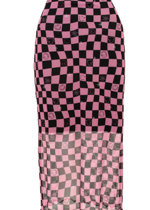 Hell Bunny x Smiley Distortion Mesh Midi Skirt Black Pink