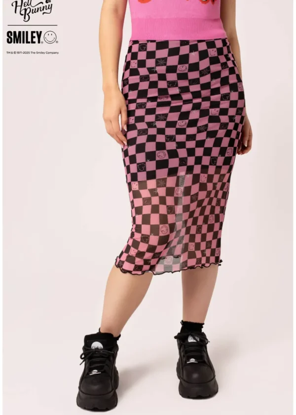 Hell Bunny x Smiley Distortion Mesh Midi Skirt Black Pink