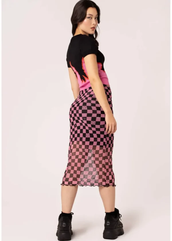 Hell Bunny x Smiley Distortion Mesh Midi Skirt Black Pink
