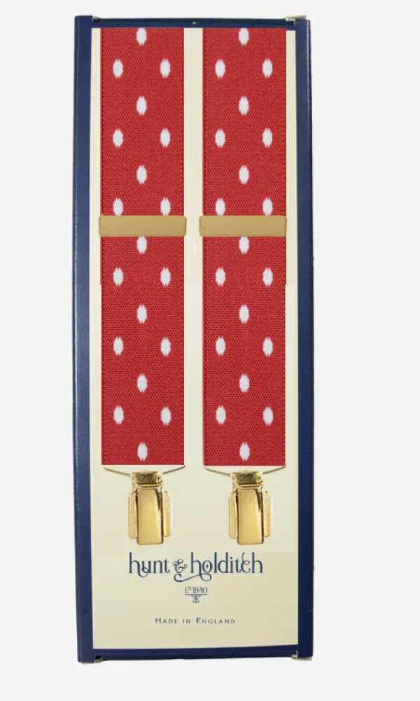 Hunt & Holditch Polkadot Antique Golden Clips Braces Red