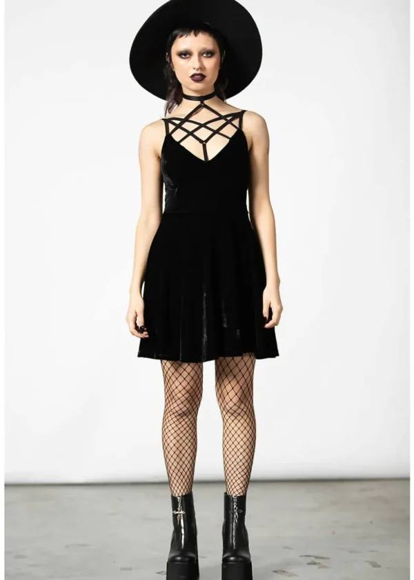 Killstar Magica Velvet Pentagram Skater Dress Black