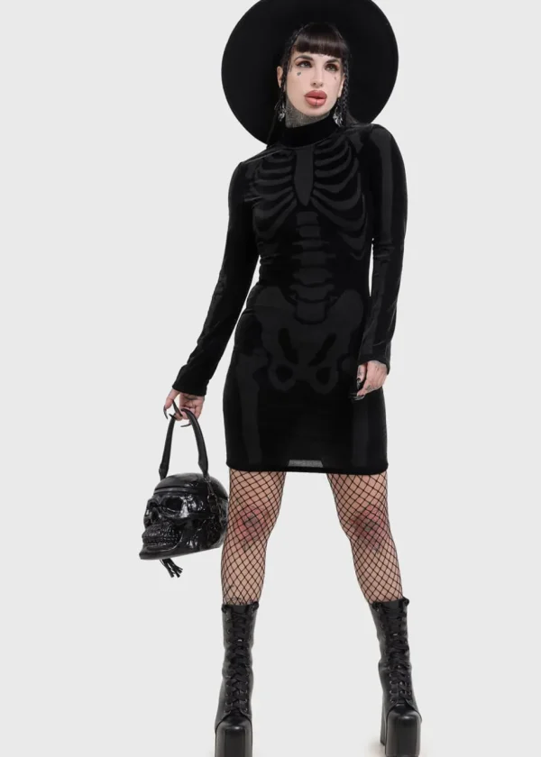 Killstar Skelliecore Skeleton Velvet Mini Dress Black