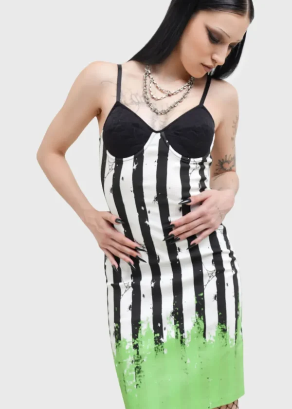 Killstar x Beetlejuice Distressed Stripe Bodycon Dress Black White