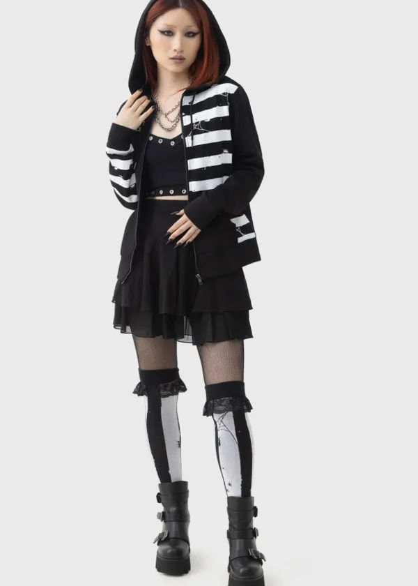Killstar x Beetlejuice Distressed Stripe Knee Socks Black White