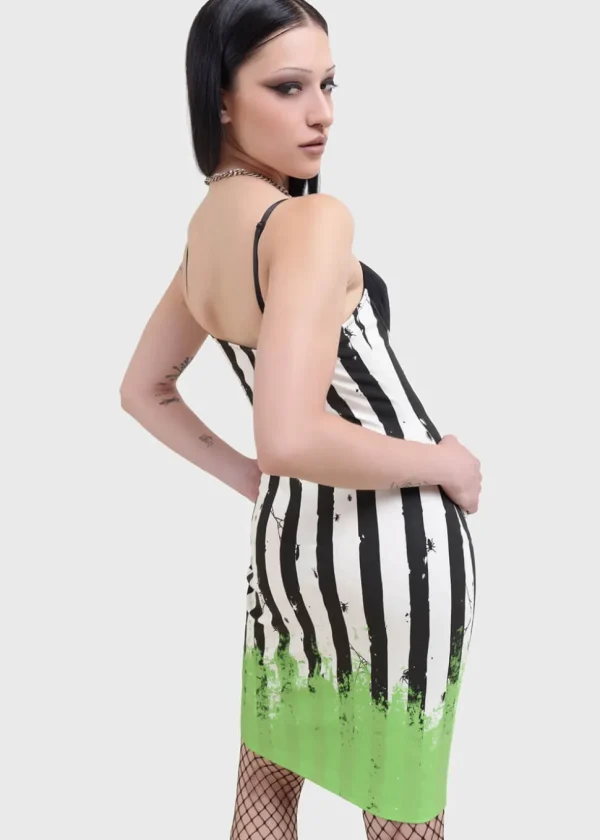 Killstar x Beetlejuice Distressed Stripe Bodycon Dress Black White