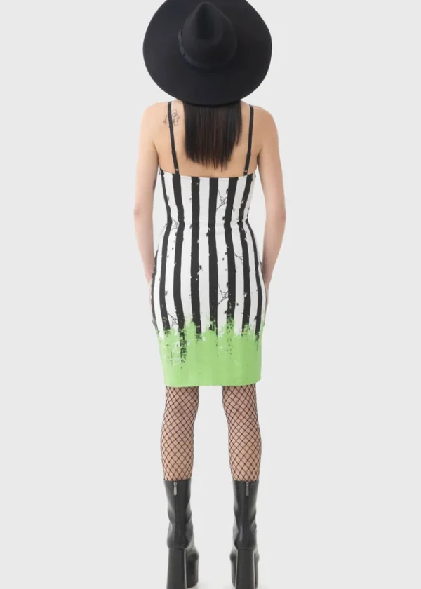 Killstar x Beetlejuice Distressed Stripe Bodycon Dress Black White
