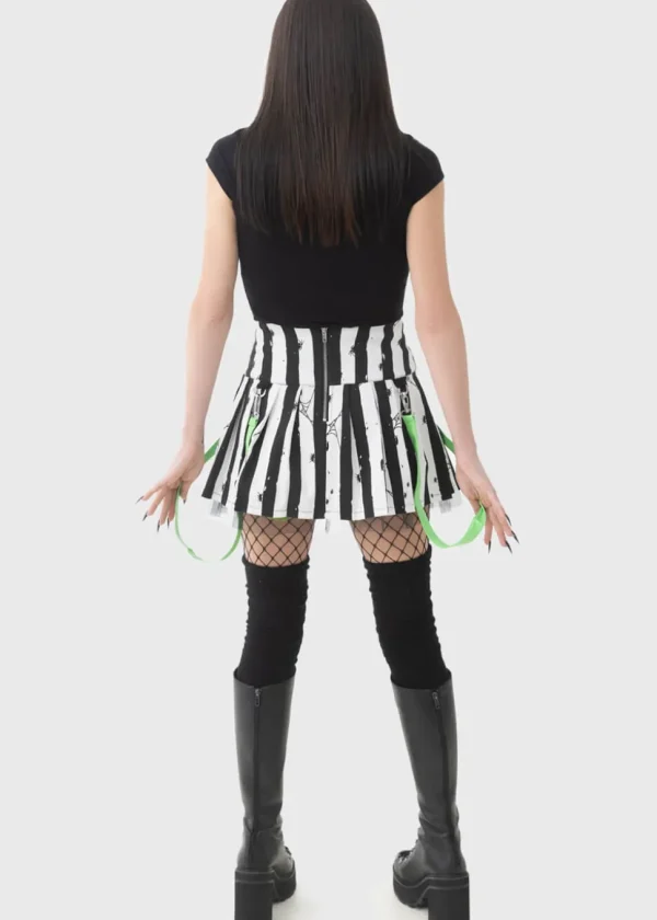 Killstar x Beetlejuice Distressed Stripe Pleated Mini Skirt Black White