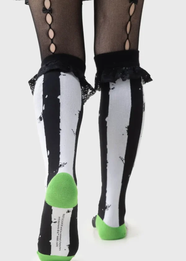 Killstar x Beetlejuice Distressed Stripe Knee Socks Black White