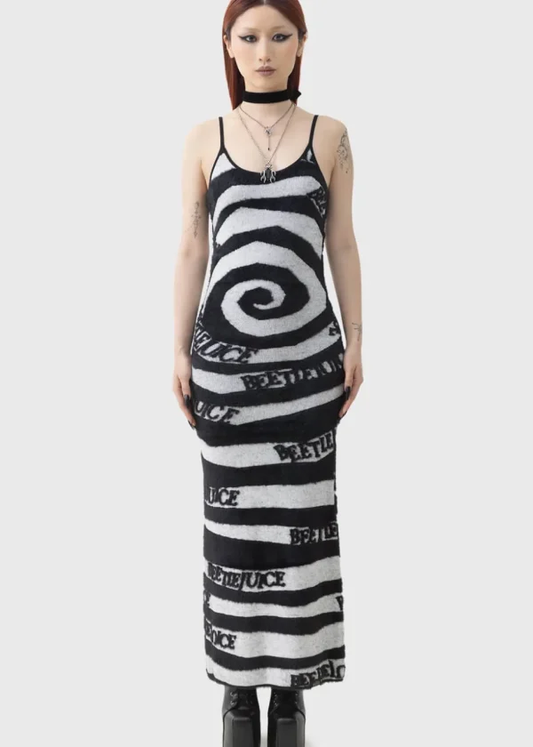 Killstar x Beetlejuice Vertigo Spiral Knitted Maxi Dress Black White